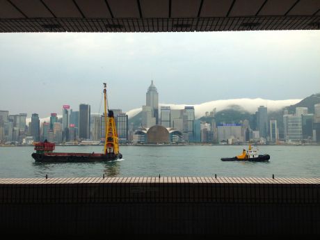 Looking across Victoria Harbor from Kowloon towards Hong Kong Island.